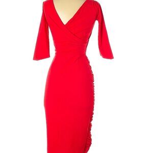 Chiara Boni Dress Merlot Ponte VNeck Draped Sheath Sz 40